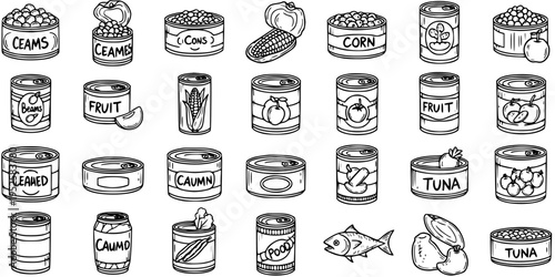 Canned Food and Preserved Goods Black and White Line Art Icon Set for Grocery Store and Supermarket Industry