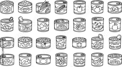 Food Industry Canned Goods Black and White Line Art Icons Set. Outline Drawing of Various Food Tins: Vegetables, Tuna, Soup, Fruit, and Pasta Sauce.