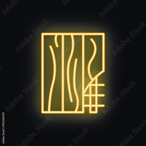 Yellow glowing neon icon of laminate flooring being installed over a concrete subfloor with a heating grid