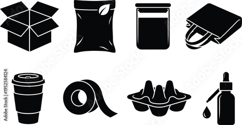 Packaging and shipping icons set for retail and logistics, including cardboard box, eco-friendly pouch, glass jar, tote bag, coffee cup, packing tape, egg carton and dropper bottle silhouettes
