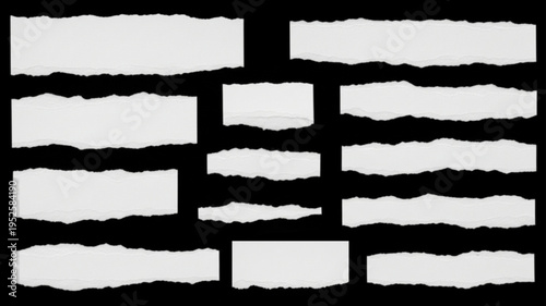 Set of torn paper edges, ragged borders on black background, grunge texture, graphic elements vector illustration