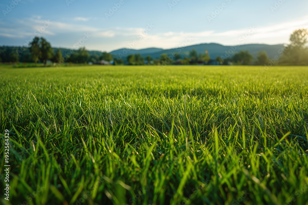 Obraz premium Grass Background, Sunny Landscape of Large Freshly Cut Field, Nature and Outdoor Concept