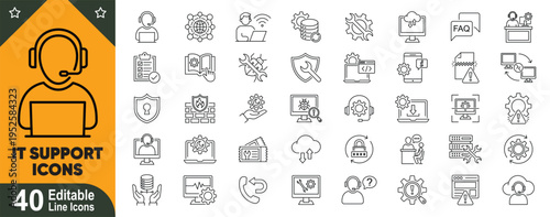 IT support line icons set. Help desk technical assistance, customer service, network, troubleshooting editable stroke vector collection.