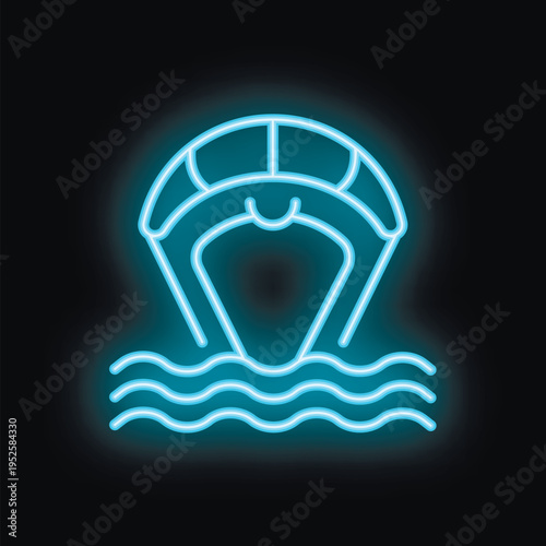 Blue neon icon of a paraglider flying over stylized sea waves on a black background