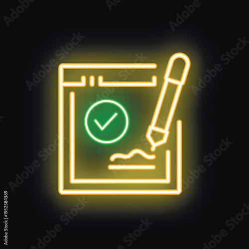 Yellow neon sign of a stylus signing an electronic document with a green check mark on a black background