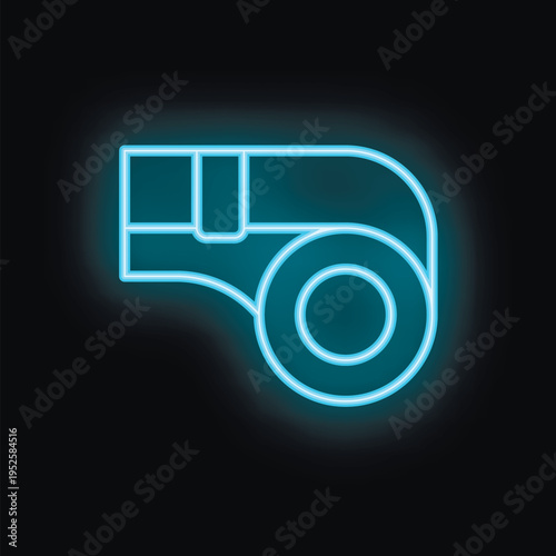 Blue neon whistle glowing on dark background representing concepts such as sport, competition, referee and authority