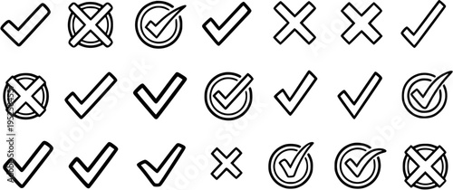 Black and White Line Art Icons: Checkmarks and Crosses for Voting, Approval, Rejection, and Options