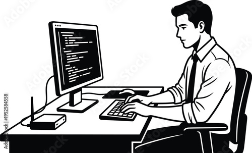 Man working on computer programming code at desk