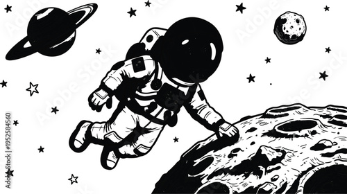 Astronaut floating in space with planets and stars