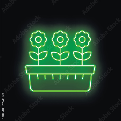 Green neon sign of three flowers growing in a flowerpot on a black background
