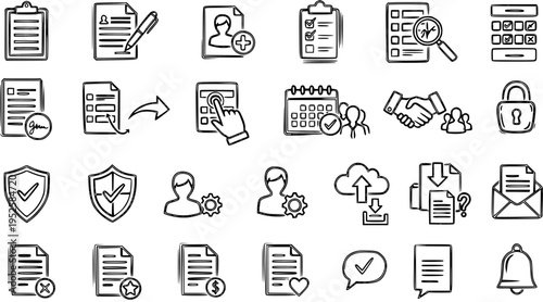 Business and Administration Hand-Drawn Icons Set. Sketchy Line Art Collection for Document Management, Finance, Security, and Task Operations.