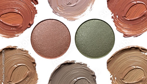 Swatches of bronzer and concealer with two round eye shadow pans on white backdrop