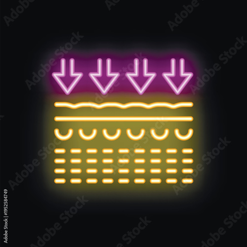 Neon icon of skin layers being infiltrated with a beauty product, showing its effectiveness
