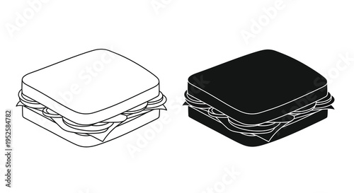 A simple black and white illustration depicts a sandwich in two variations one with white fill and one solid black