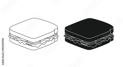 A simple black and white illustration depicts two identical sandwiches one outlined and the other filled showcasing a contrast in design
