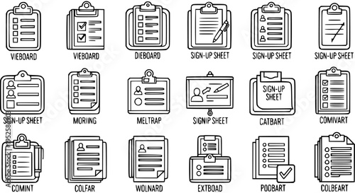 Clipboard Icons: Business Sign-up Sheet, Checklist, Form - Black and White Line Art Vector Set