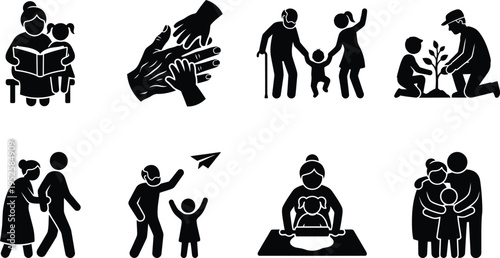 Intergenerational bonding icons set featuring grandparents and grandchildren in various activities like reading, gardening, baking, and playing for family and elderly care concepts