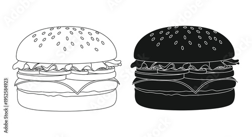 A minimalist illustration depicts two cheeseburgers one in white outline and one solid black side by side high quality