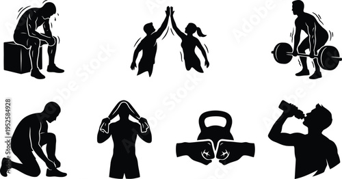 Fitness and gym workout silhouettes icon set, men and women weightlifting, training motivation, athlete hydration, and bodybuilding exercise vector illustrations for commercial design.