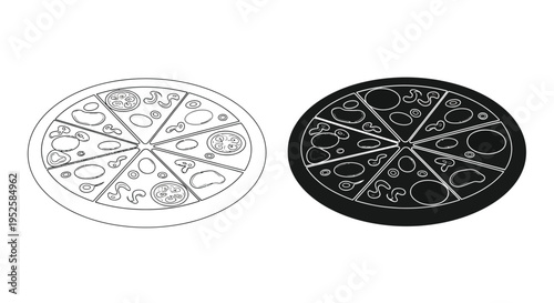 A side by side illustration depicts two circular pizzas one with a white outline and the other fully shaded black