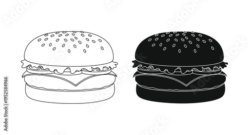 A simple black and white illustration depicts two cheeseburgers one light and one dark side by side high quality professional detailed modern elegant