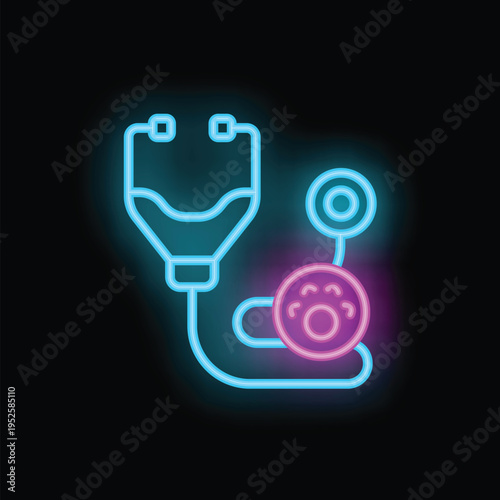 Neon veterinary icon with stethoscope, blood sample and paw print, representing animal healthcare and laboratory analysis