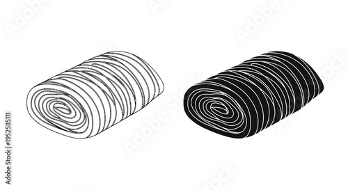 A minimalist black and white illustration depicts two rolled towels one light and one dark presented side by side high quality professional detailed