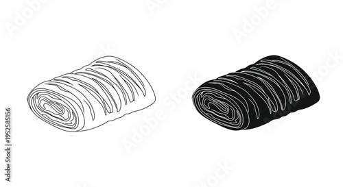 A simple black and white illustration depicts two rolled towels one light and one dark against a white background