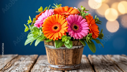 Gerbera flowers in vase on wooden table with bokeh background