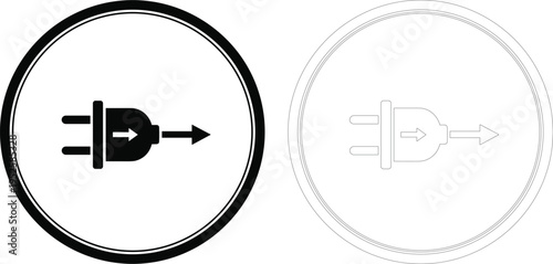 Electric Plug Icon with Arrow Direction, Power Connection Symbol, Energy Transfer Vector Illustration Black and Outline Isolated on White Background