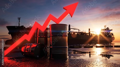 Rising oil prices global economy finance growth barrels oil tanker ship sunset background cinematic footage dynamic motion
