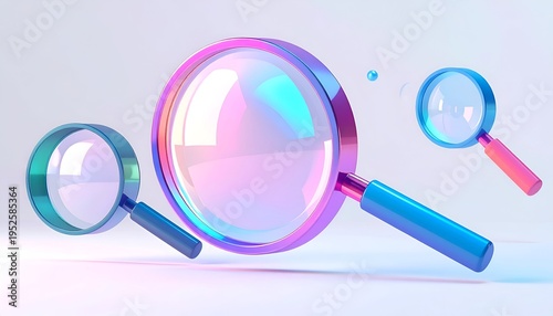 Three colorful magnifying glasses casting soft shadows against a bright backdrop
