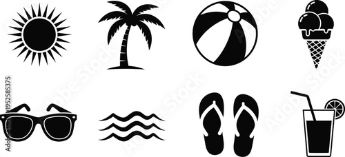 Summer beach icon set with sun palm tree ball ice cream sunglasses waves flip flops drink vector illustration