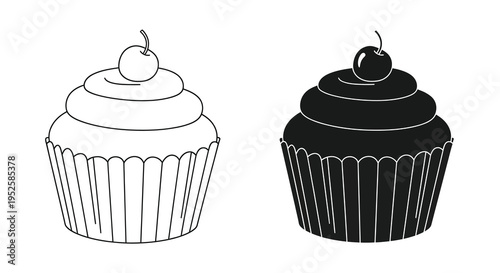 A contrasting pair of cupcakes is depicted in black and white showcasing detailed frosting and liner textures high quality