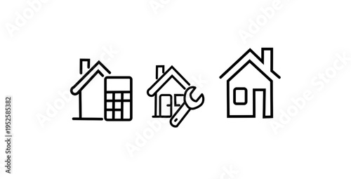 Home services outline icons set. house, calculator finance, repair tools maintenance, residential property, construction design, real estate, home improvement, service concept