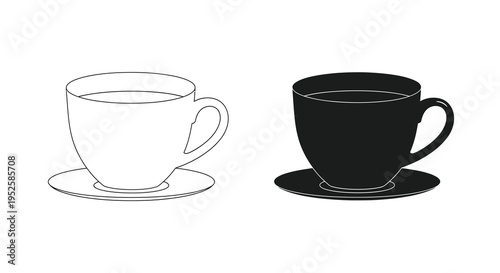 A minimalist illustration depicts two teacups one white and one black each presented with a saucer high quality professional