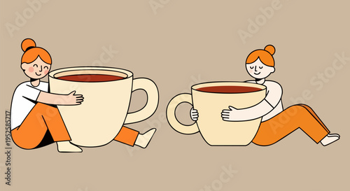 Two happy women with red hair buns sitting and hugging large beige coffee cups filled with a dark beverage, isolated vector illustration on a light brown background.