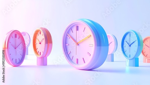Time concept featuring group of pastel colored clocks on white surface.