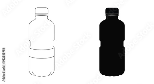 A stark contrast is shown with two identical water bottle outlines one white and one black on a white background