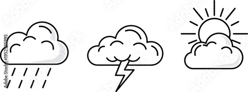 Weather cloud icon set with rain lightning and sun vector illustration climate forecast symbols isolated meteorology design elements