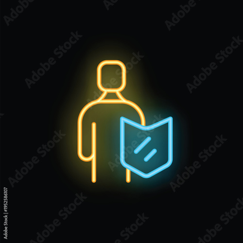 Neon sign depicting a stylized person with a protective shield, symbolizing security and safety