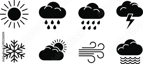 Weather icon set with sun rain cloud storm snow wind vector illustration isolated climate forecast symbols for meteorology design