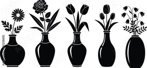 Flower vase silhouette collection with rose, tulip and wildflower arrangements, decorative floral vector illustration isolated on white background design