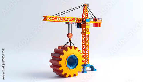 Tower crane lifting a large gear cog in a conceptual 3D render against a plain backdrop