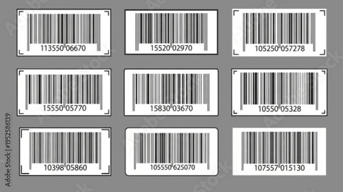 Set of barcode stickers fake with different thick and thin lines. Vertical streaks, strips with random information lines. Abstract geometric texture background for retail, supermarket