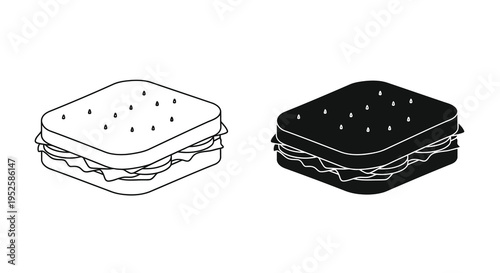 A simple black and white illustration depicts a sandwich with visible layers presented in two contrasting views high quality
