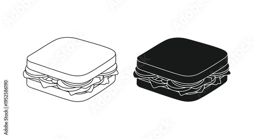 A monochromatic depiction showcases a sandwich in both a white outline and solid black silhouette offering contrasting views