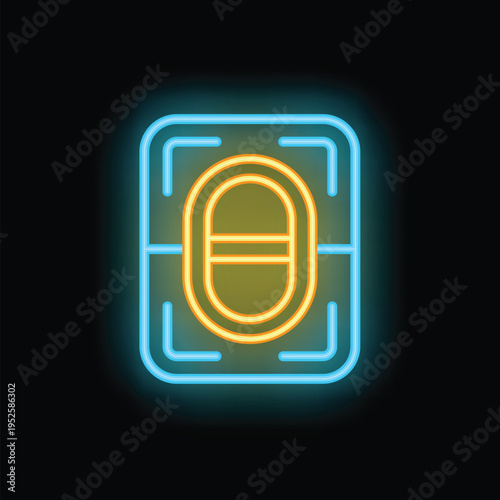 Bright neon icon of pill blister pack glowing on dark background, concept of healthcare, medicine and pharmaceuticals