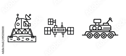 Space Rover, Lander and Solar Station Line Icon Set — Lunar Vehicle, Satellite Outline Symbol Vector