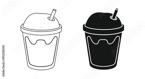 A simple black and white illustration depicts two plastic cups filled with a frozen beverage and straws high quality professional detailed